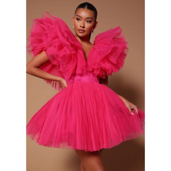 Hot Pink Tulle Mini Dress - Picture 2 of 4